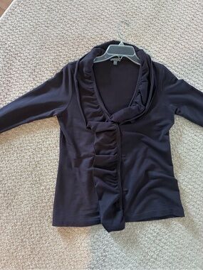 Dark Navy Long Sleeve Ruffle Front Top